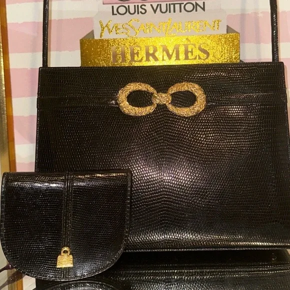 Martin Van Schaak Black Genuine Lizard Skin Handbag - Picture 4 of 5